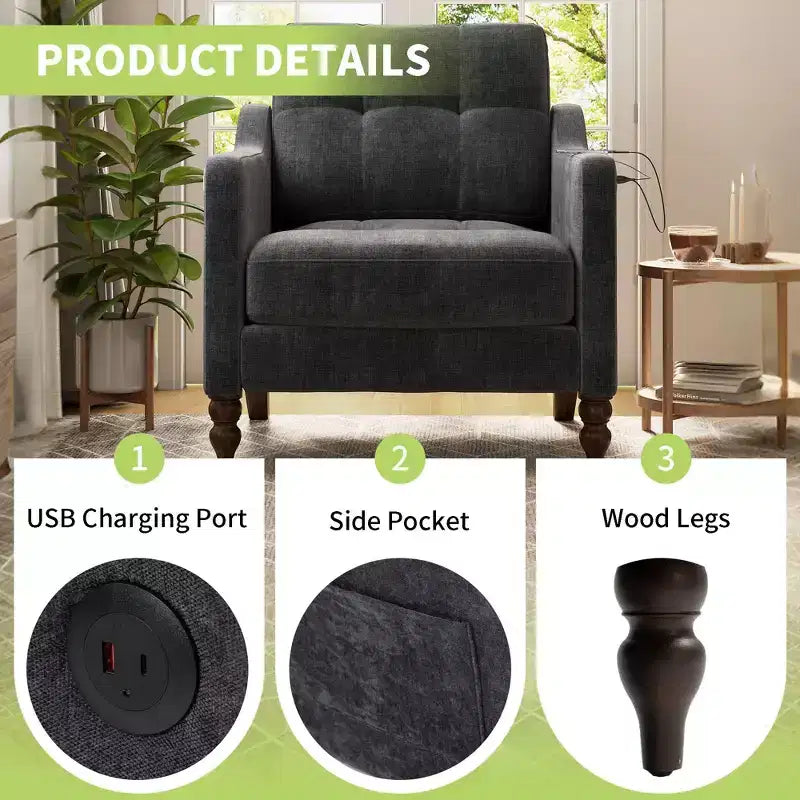 TUYOHW Modern Accent Chair,Ergonomic Chenille Armchair with USB Charging Port,Side Storage Pocket,Wood Legs,Lounge Chair for Living Room,Bedroom