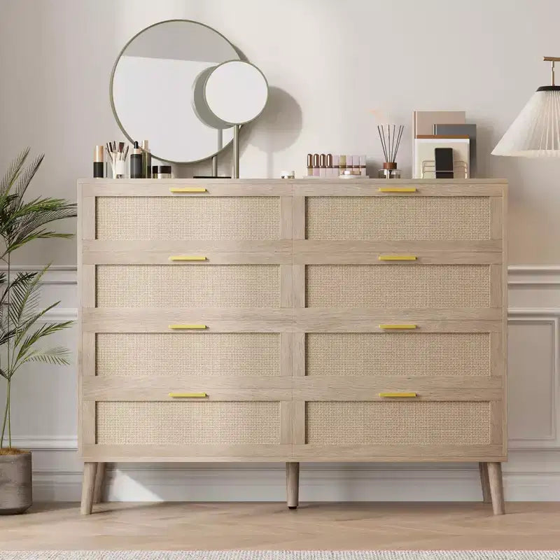 COZONY 8-Drawer Rattan Dresser w/ Gold Handles Farmhouse Wooden Chest of Drawers for Bedroom, Living Room, Entryway & Hallway