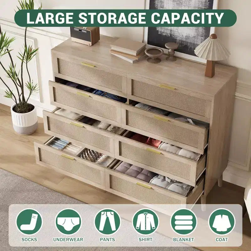 COZONY 8-Drawer Rattan Dresser w/ Gold Handles Farmhouse Wooden Chest of Drawers for Bedroom, Living Room, Entryway & Hallway