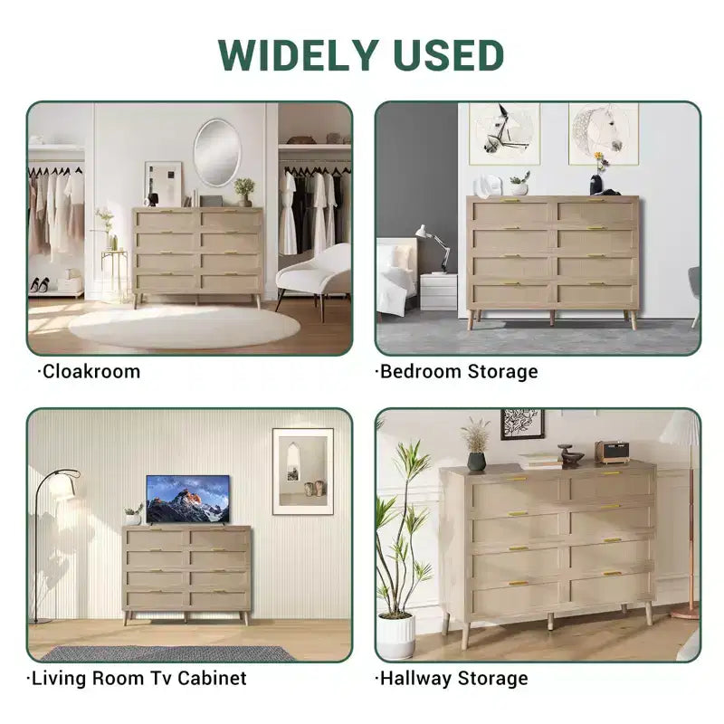 COZONY 8-Drawer Rattan Dresser w/ Gold Handles Farmhouse Wooden Chest of Drawers for Bedroom, Living Room, Entryway & Hallway