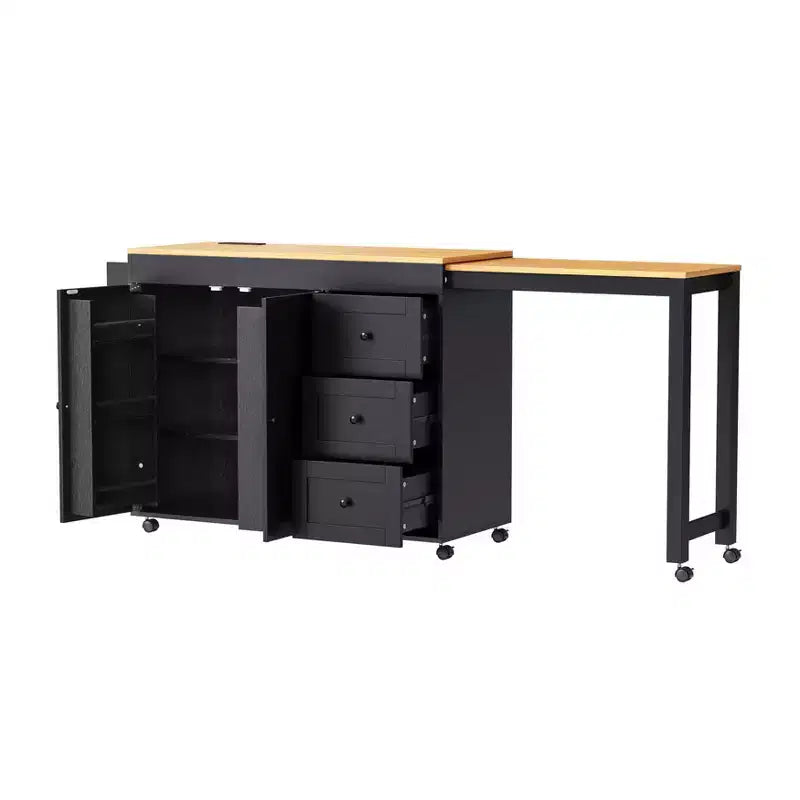 FAMYYT White Wood 74.8 in. Kitchen Island with Extendable Table, Power Outlet, Spice Rack, Adjustable Shelves and 3 Drawers