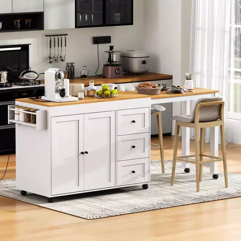 FAMYYT White Wood 74.8 in. Kitchen Island with Extendable Table, Power Outlet, Spice Rack, Adjustable Shelves and 3 Drawers