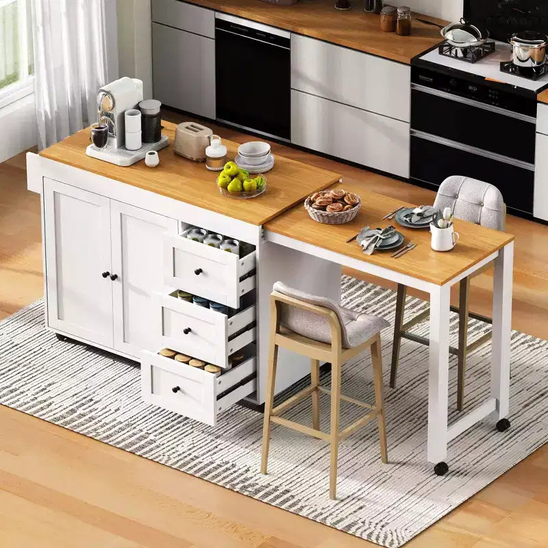 FAMYYT White Wood 74.8 in. Kitchen Island with Extendable Table, Power Outlet, Spice Rack, Adjustable Shelves and 3 Drawers