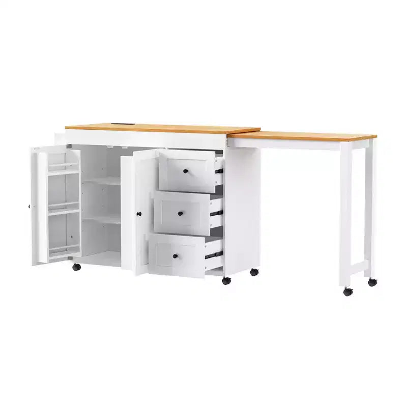 FAMYYT White Wood 74.8 in. Kitchen Island with Extendable Table, Power Outlet, Spice Rack, Adjustable Shelves and 3 Drawers