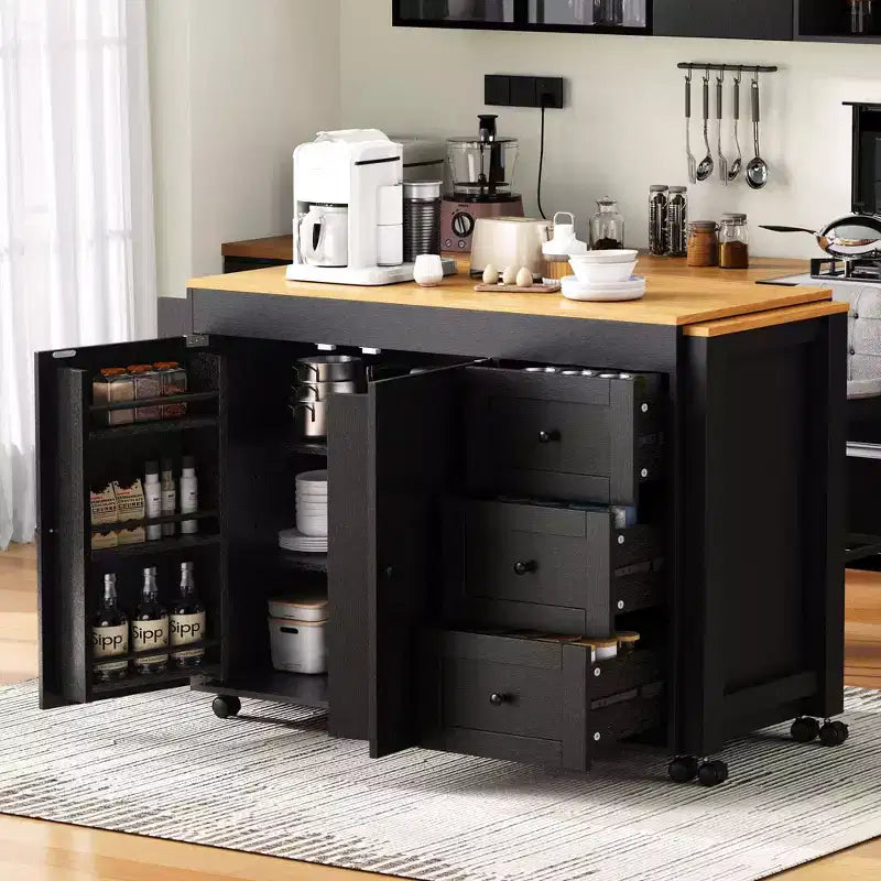 FAMYYT White Wood 74.8 in. Kitchen Island with Extendable Table, Power Outlet, Spice Rack, Adjustable Shelves and 3 Drawers