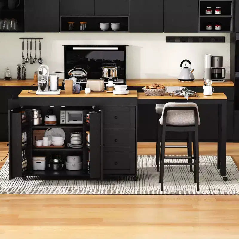 FAMYYT White Wood 74.8 in. Kitchen Island with Extendable Table, Power Outlet, Spice Rack, Adjustable Shelves and 3 Drawers