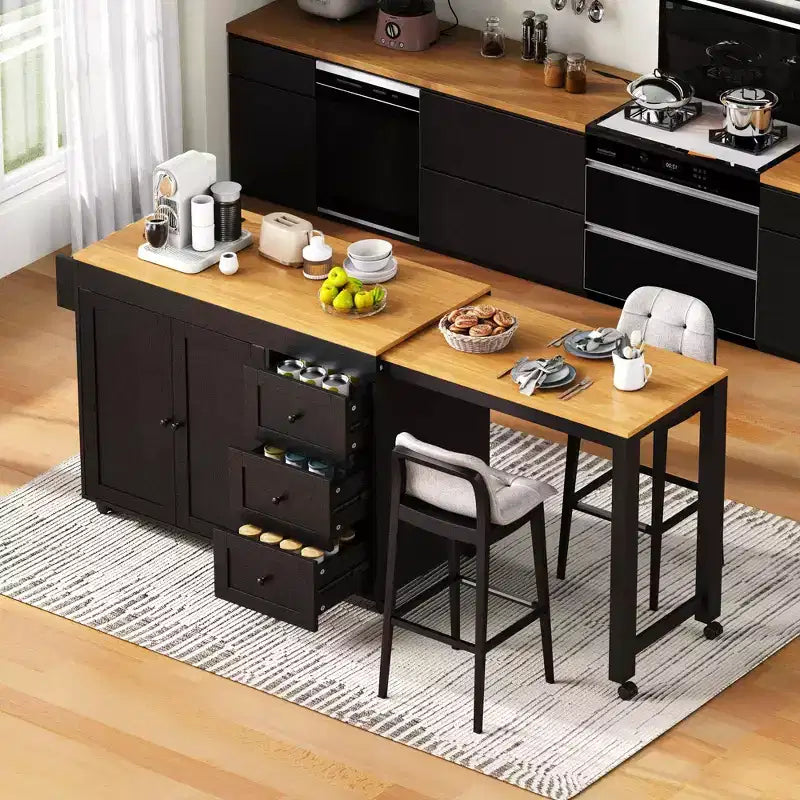 FAMYYT White Wood 74.8 in. Kitchen Island with Extendable Table, Power Outlet, Spice Rack, Adjustable Shelves and 3 Drawers