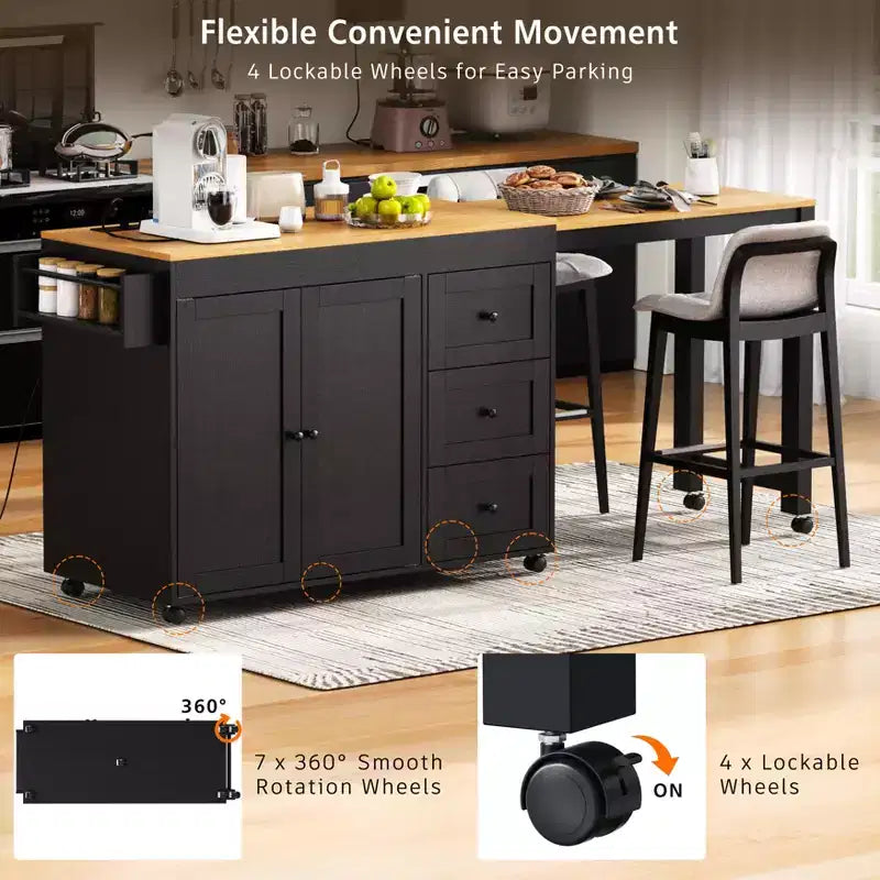 FAMYYT White Wood 74.8 in. Kitchen Island with Extendable Table, Power Outlet, Spice Rack, Adjustable Shelves and 3 Drawers