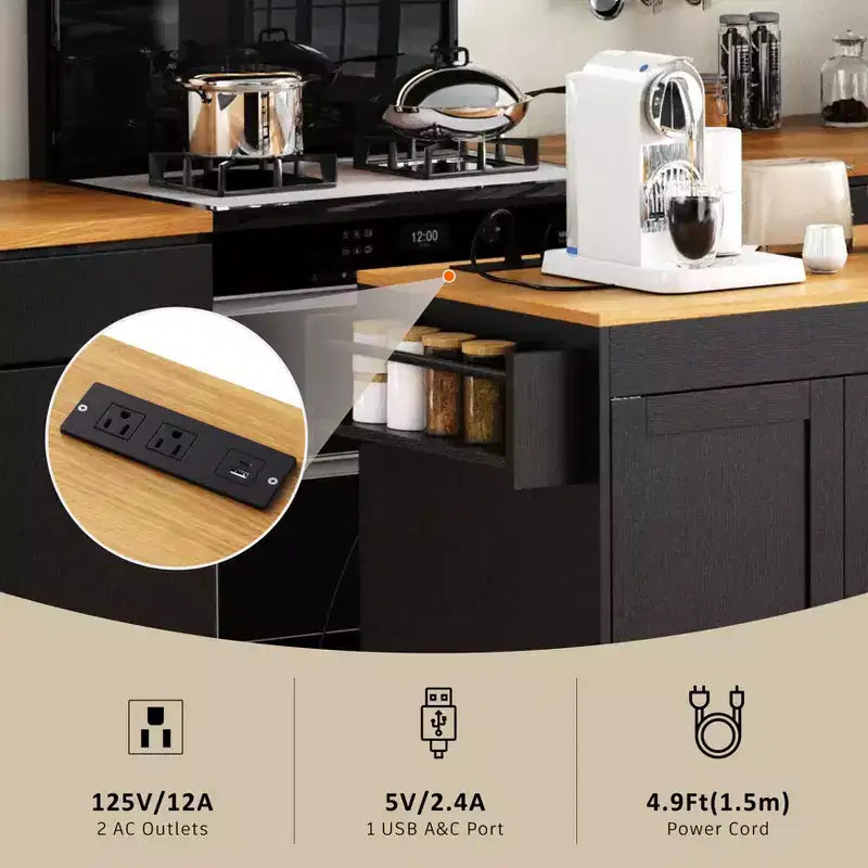 FAMYYT White Wood 74.8 in. Kitchen Island with Extendable Table, Power Outlet, Spice Rack, Adjustable Shelves and 3 Drawers