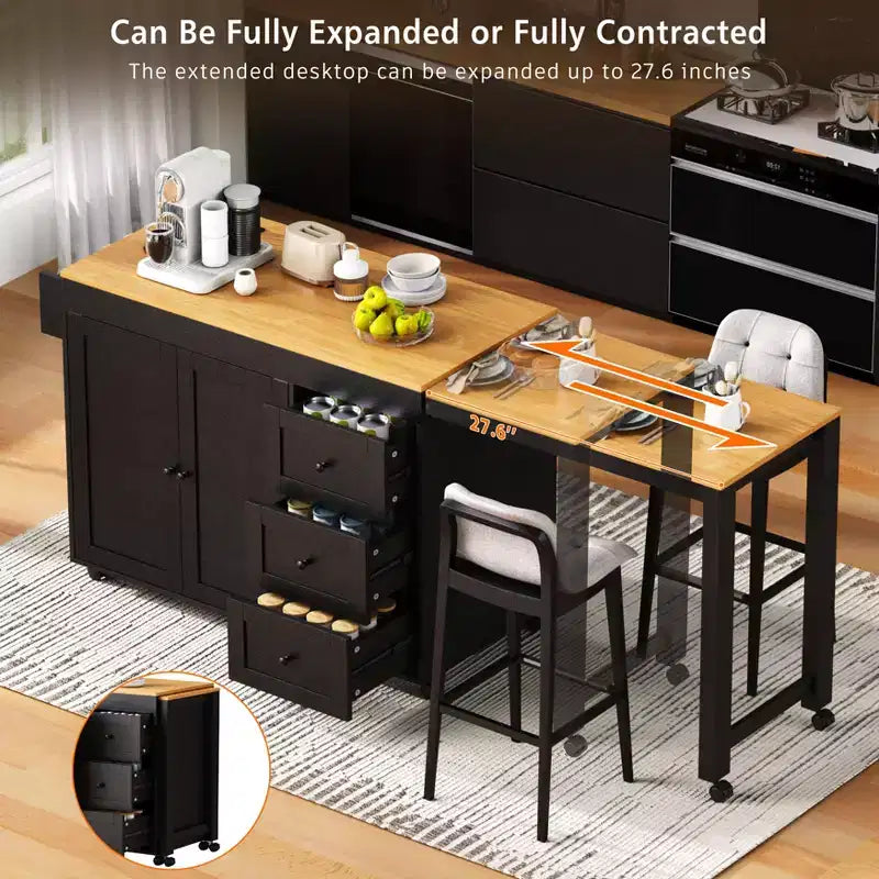 FAMYYT White Wood 74.8 in. Kitchen Island with Extendable Table, Power Outlet, Spice Rack, Adjustable Shelves and 3 Drawers