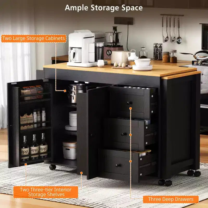 FAMYYT White Wood 74.8 in. Kitchen Island with Extendable Table, Power Outlet, Spice Rack, Adjustable Shelves and 3 Drawers