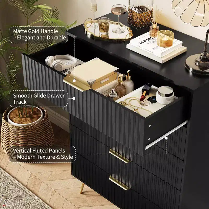 COZONY Fluted Dresser with 4 Drawers, 32 Wide Modern Wooden Chest with Metal Handles for Bedroom & Living Room