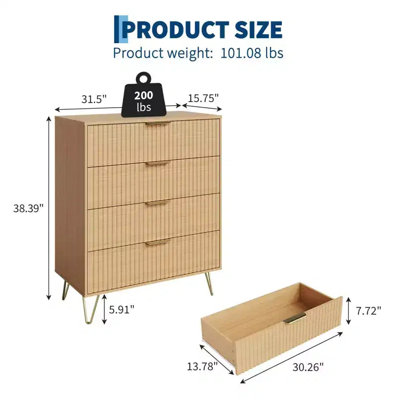 COZONY Fluted Dresser with 4 Drawers, 32 Wide Modern Wooden Chest with Metal Handles for Bedroom & Living Room