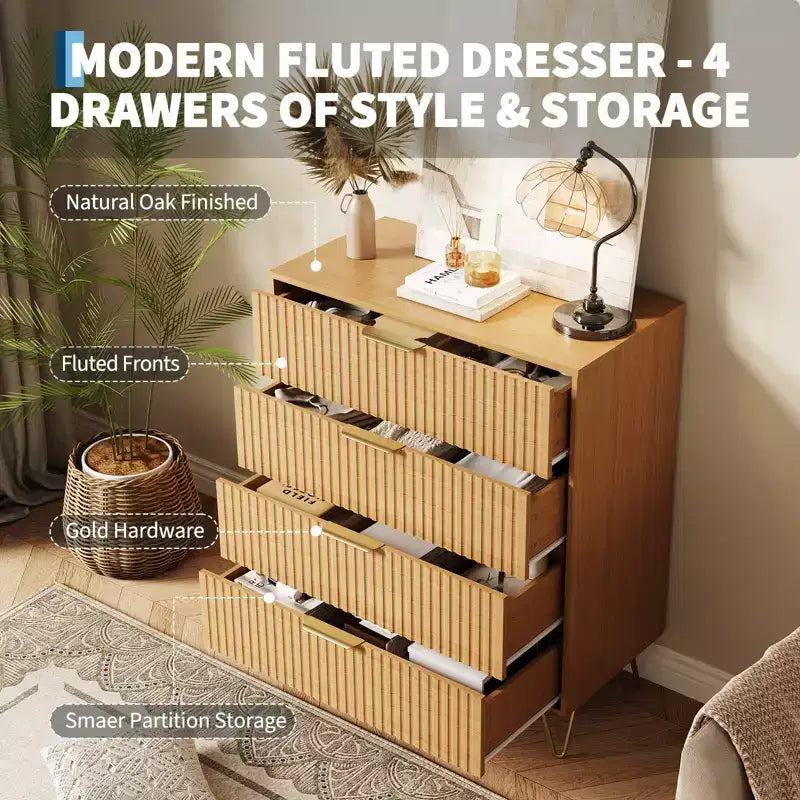 COZONY Fluted Dresser with 4 Drawers, 32 Wide Modern Wooden Chest with Metal Handles for Bedroom & Living Room