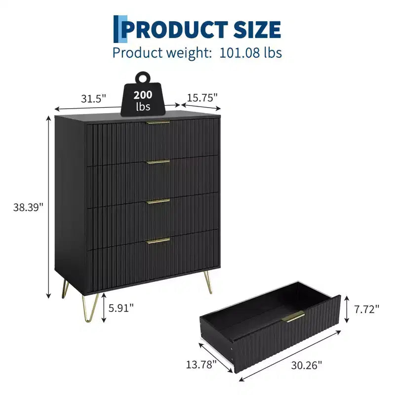 COZONY Fluted Dresser with 4 Drawers, 32 Wide Modern Wooden Chest with Metal Handles for Bedroom & Living Room
