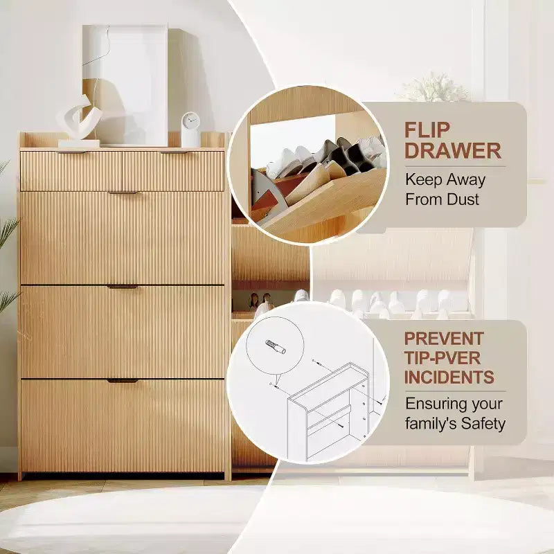 Narrow Shoe Storage Cabinet with 3 Flip Drawers, Slim Fluted Shoe Organizer for Entryway & Small Spaces, Freestanding Shoe Rack with Top Drawers