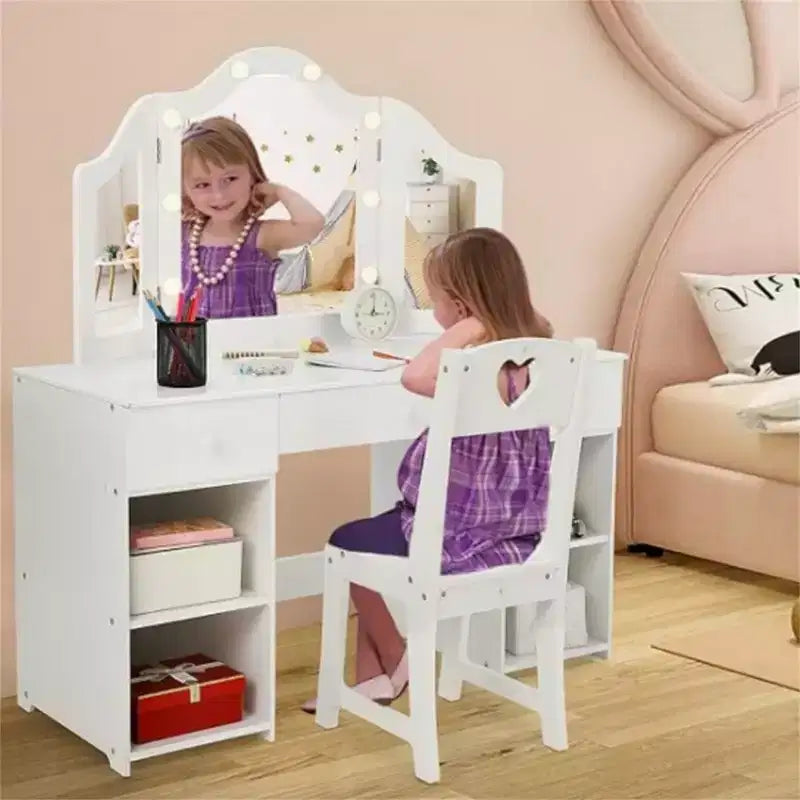 Acekool Kids Vanity Set with Detachable Tri-Folding Mirror, Storage Drawers & Shelves, Makeup Desk & Chair for Girls Bedroom