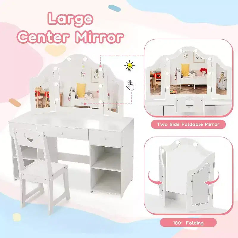 Coiffeuse pour enfants avec miroir triptyque amovible, tiroirs de rangement et étagères, bureau de maquillage et chaise pour chambre de filles