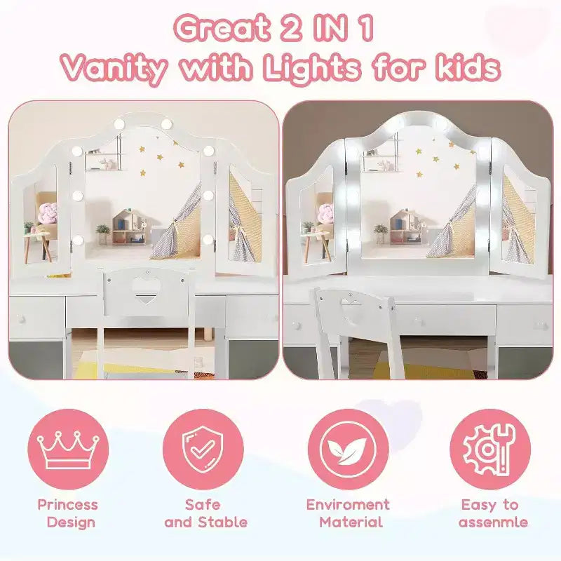 Coiffeuse pour enfants avec miroir triptyque amovible, tiroirs de rangement et étagères, bureau de maquillage et chaise pour chambre de filles