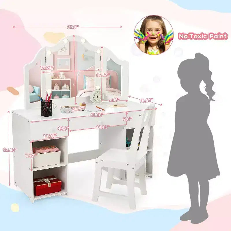 Coiffeuse pour enfants avec miroir triptyque amovible, tiroirs de rangement et étagères, bureau de maquillage et chaise pour chambre de filles