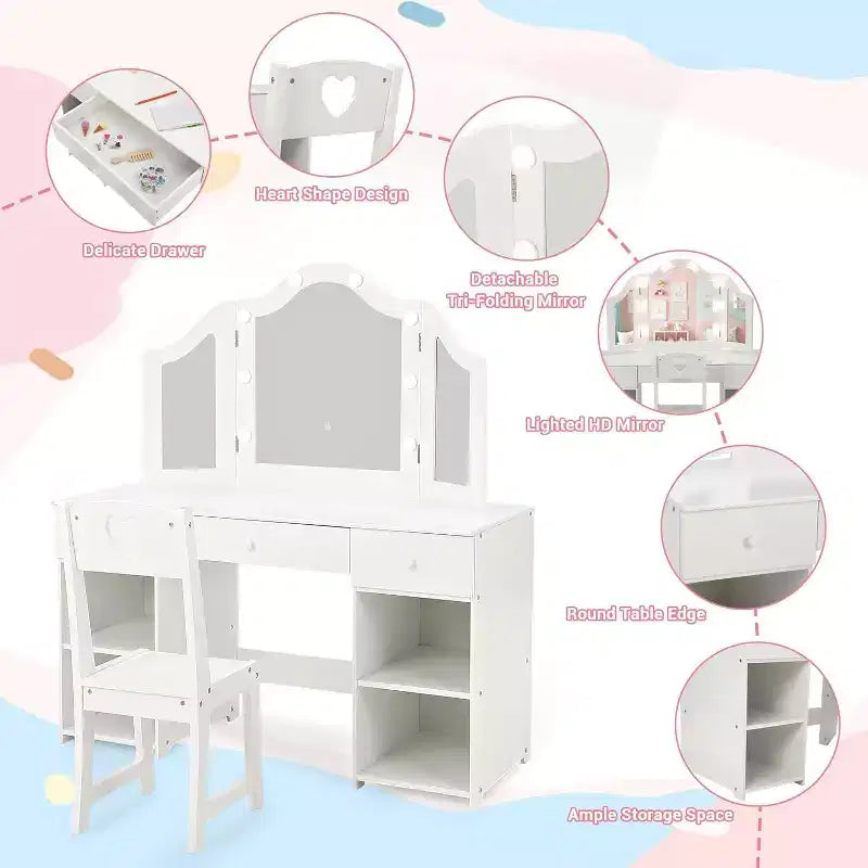 Coiffeuse pour enfants avec miroir triptyque amovible, tiroirs de rangement et étagères, bureau de maquillage et chaise pour chambre de filles