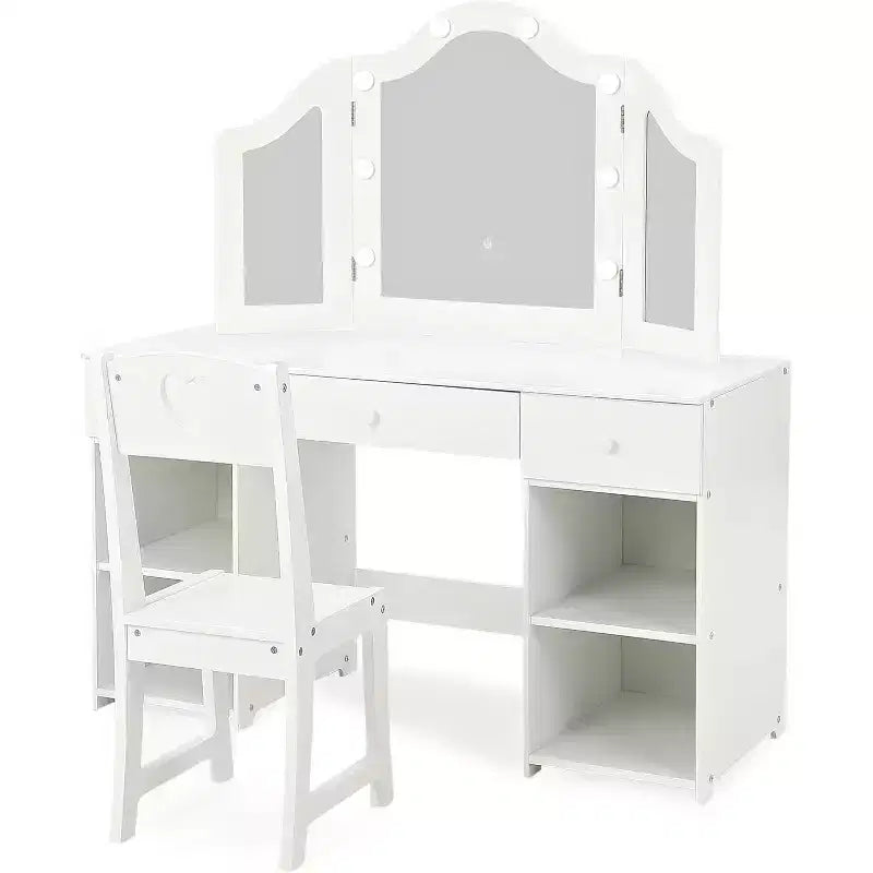 Coiffeuse pour enfants avec miroir triptyque amovible, tiroirs de rangement et étagères, bureau de maquillage et chaise pour chambre de filles