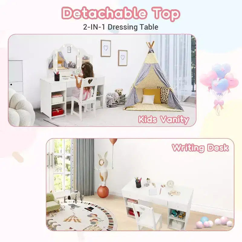 Coiffeuse pour enfants avec miroir triptyque amovible, tiroirs de rangement et étagères, bureau de maquillage et chaise pour chambre de filles