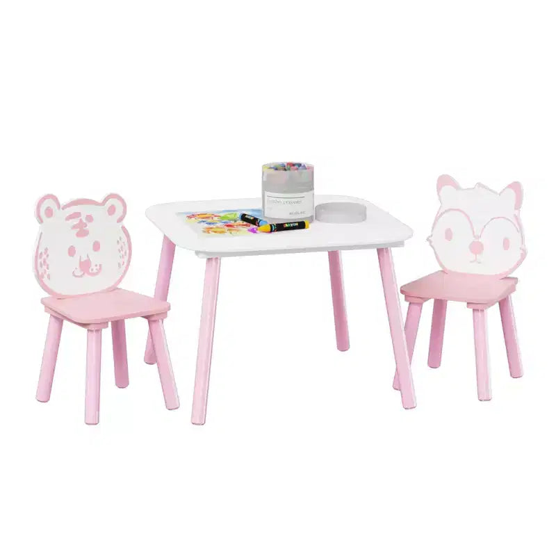 JVNOXK Kids Table and Chair Set, 3-Piece Wooden Toddler Desk with Animal Backrest, Activity Table for Drawing, Learning,Playroom or Nursery Pink