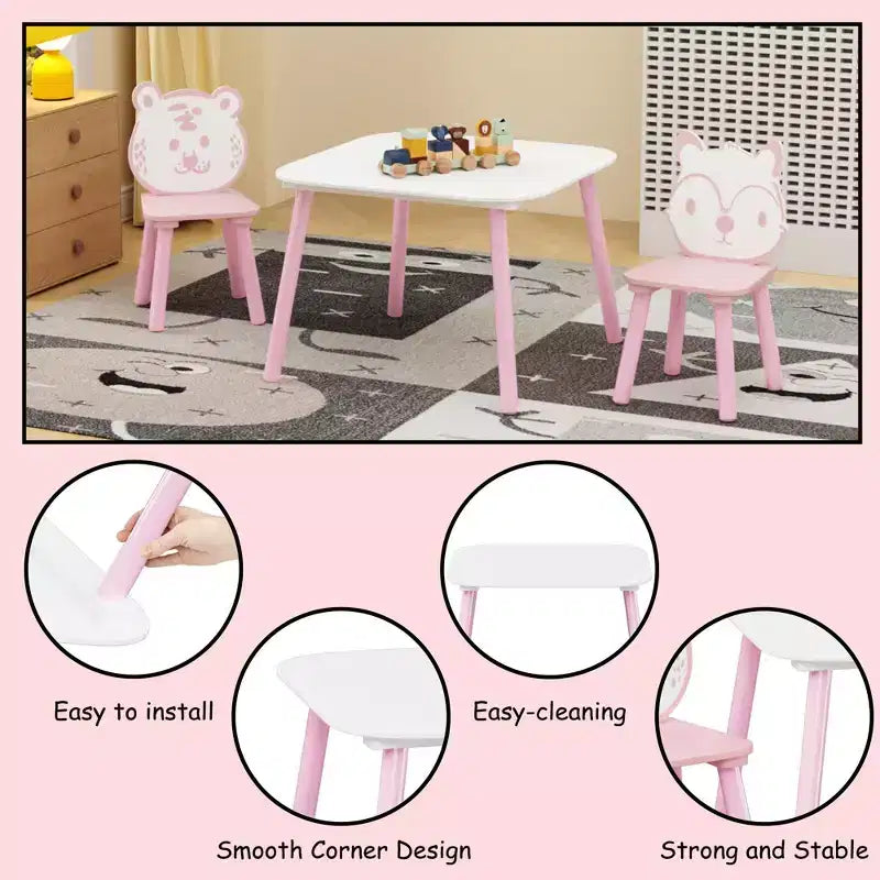 JVNOXK Kids Table and Chair Set, 3-Piece Wooden Toddler Desk with Animal Backrest, Activity Table for Drawing, Learning,Playroom or Nursery Pink