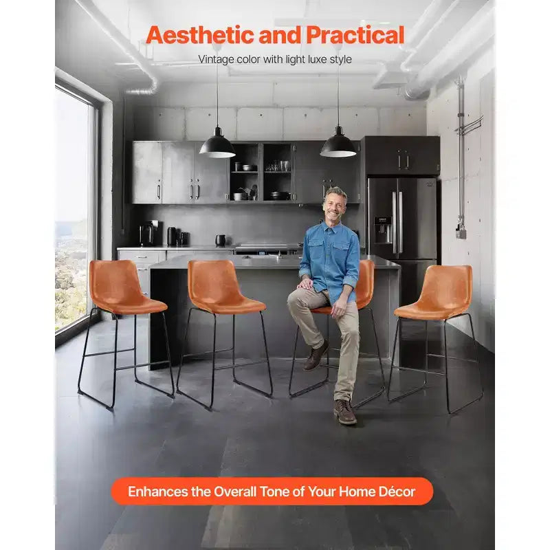 VEVOR Bar Stool Set of 4, 26 inch Counter Height Stools, Modern PU Leather Counter Barstool with Backrest, Metal Legs, Easy Assembly, Brown