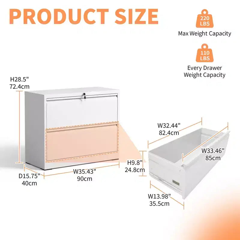 VIYET 28 2-Drawer Lateral File Cabinet with Lock - Heavy-Duty Steel Storage for Letter/Legal/A4/F4, 110lbs Per Drawer, Under Desk Design, Black