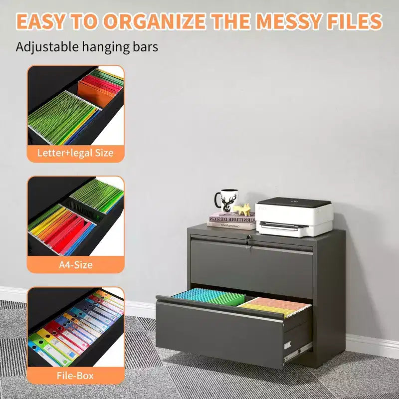 VIYET 28 2-Drawer Lateral File Cabinet with Lock - Heavy-Duty Steel Storage for Letter/Legal/A4/F4, 110lbs Per Drawer, Under Desk Design, Black