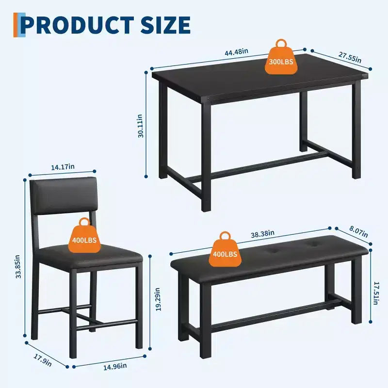 Modern 5-Piece Dining Table Set for 4 - Upholstered Bench & 2 Padded Chairs - 44.5 Rectangular Kitchen Table, Compact, Ideal for Apartments & Studio