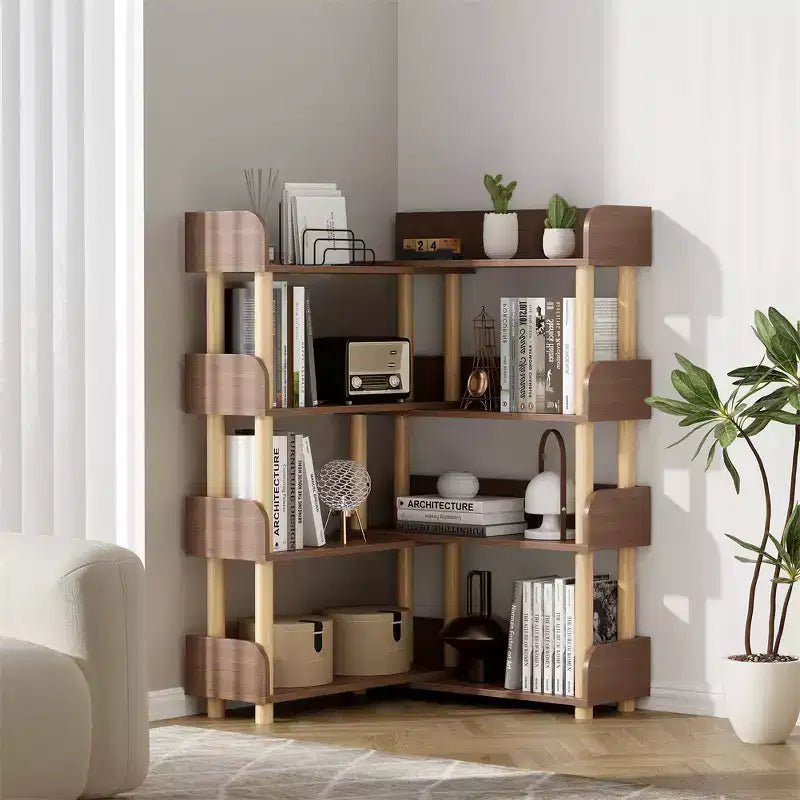 4 Tier Retractable Rotatable Bookcases, Wooden Corner Book Shelf, Storage Rack for Books, Utility Organizer Shelves for Living Room
