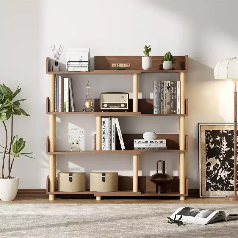 4 Tier Retractable Rotatable Bookcases, Wooden Corner Book Shelf, Storage Rack for Books, Utility Organizer Shelves for Living Room