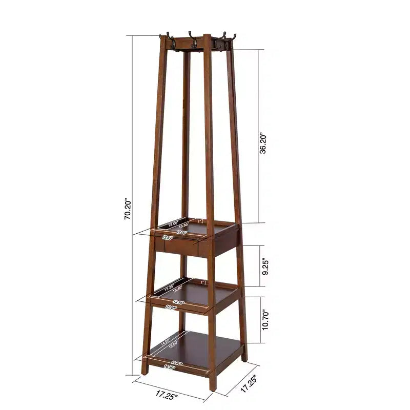 eHemco 70.2 H Wooden Coat Rack Stand with 8 Hooks, 3 Storage Shelves and Drawer, Heavy Duty Hall Tree, Coffee