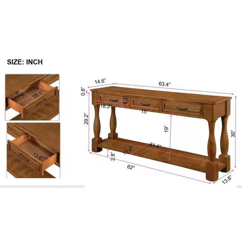 63 Inch Wood Console Table, Solid Wood Frame Hallway Sofa Table with 3 Drawers for Entryway Living Room