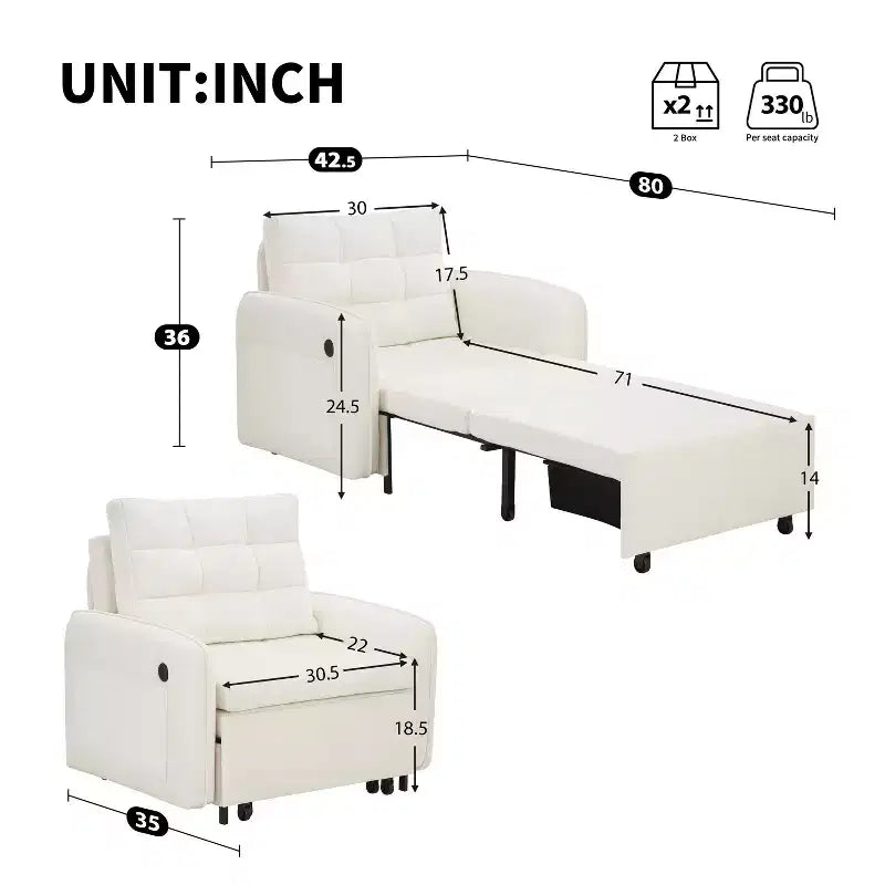 GDFStudio Baird Modern 80 Chenille 3-in-1 Convertible Sofa Bed with Pull-Out Single Bed, USB Charging Ports and Storage Pockets