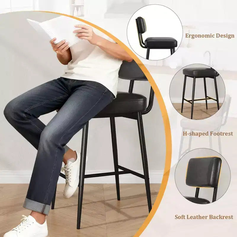 Bar Stools Set of 2/4, 26 Faux Leather Counter Height Bar Stools with Backs,Modern Upholstered Barstool Chairs with Metal Legs for Dining Room