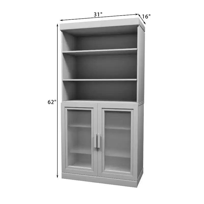 62 High Black Combination Bathroom Cabinet with Adjustable Shelves and 2 Glass Doors, Open Storage for Bathroom Laundry Room