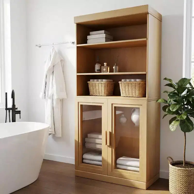 62 High Black Combination Bathroom Cabinet with Adjustable Shelves and 2 Glass Doors, Open Storage for Bathroom Laundry Room