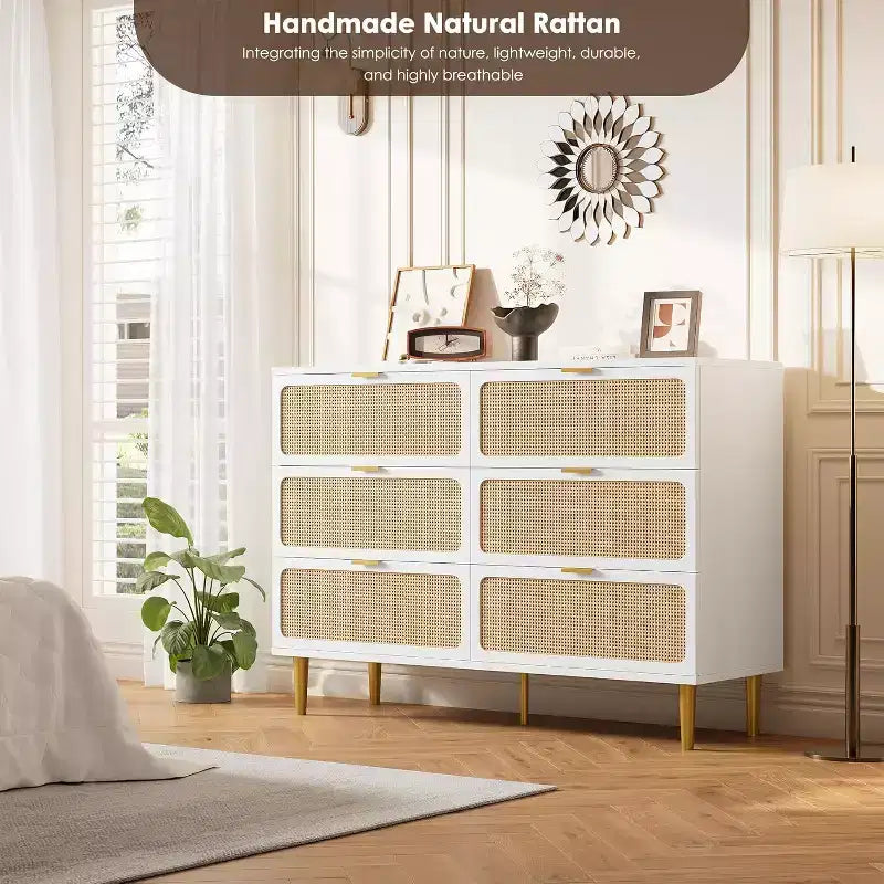 Rattan Dresser with 6 Drawers,Tall Modern Closet with Deep Storage,Large Chest of Drawer with Wide Top,Wooden Dresser for Bedroom,Living Room,Hallway