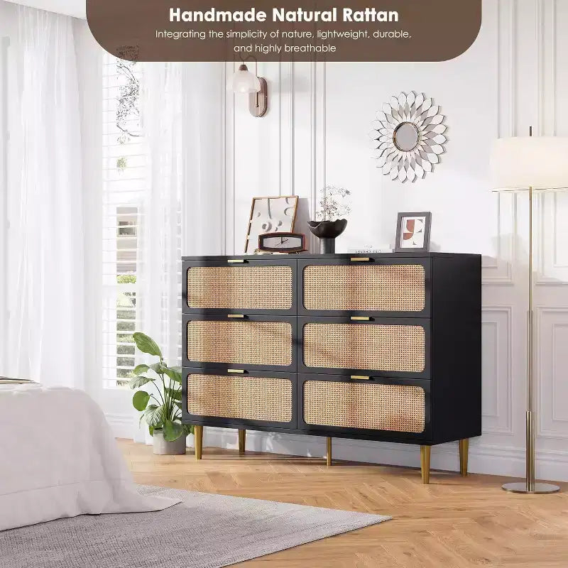 Rattan Dresser with 6 Drawers,Tall Modern Closet with Deep Storage,Large Chest of Drawer with Wide Top,Wooden Dresser for Bedroom,Living Room,Hallway