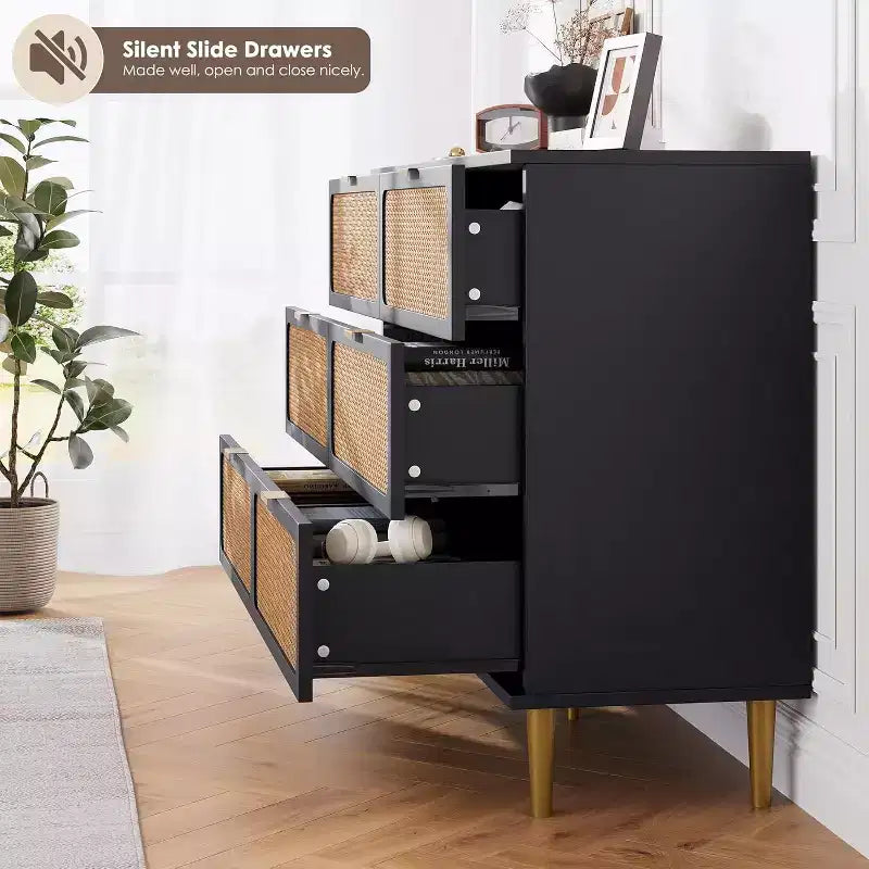 Rattan Dresser with 6 Drawers,Tall Modern Closet with Deep Storage,Large Chest of Drawer with Wide Top,Wooden Dresser for Bedroom,Living Room,Hallway
