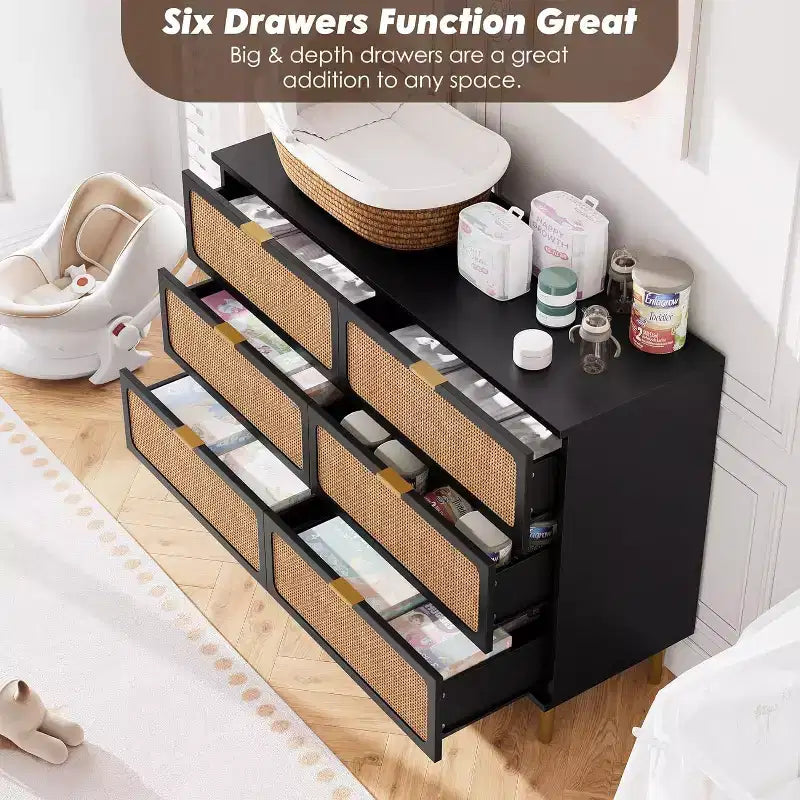 Rattan Dresser with 6 Drawers,Tall Modern Closet with Deep Storage,Large Chest of Drawer with Wide Top,Wooden Dresser for Bedroom,Living Room,Hallway