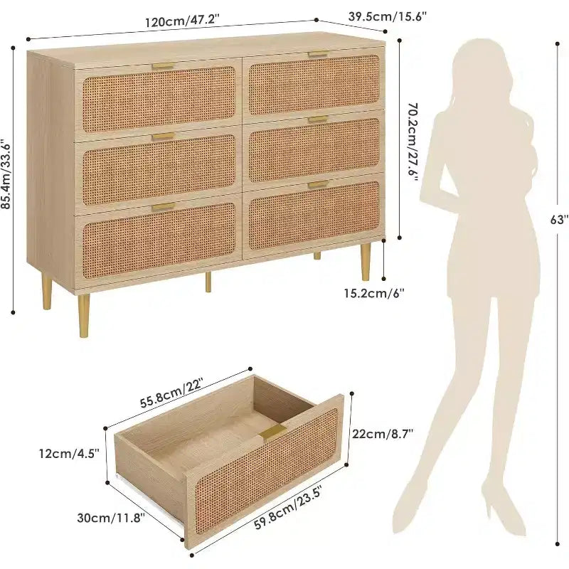 Rattan Dresser with 6 Drawers,Tall Modern Closet with Deep Storage,Large Chest of Drawer with Wide Top,Wooden Dresser for Bedroom,Living Room,Hallway