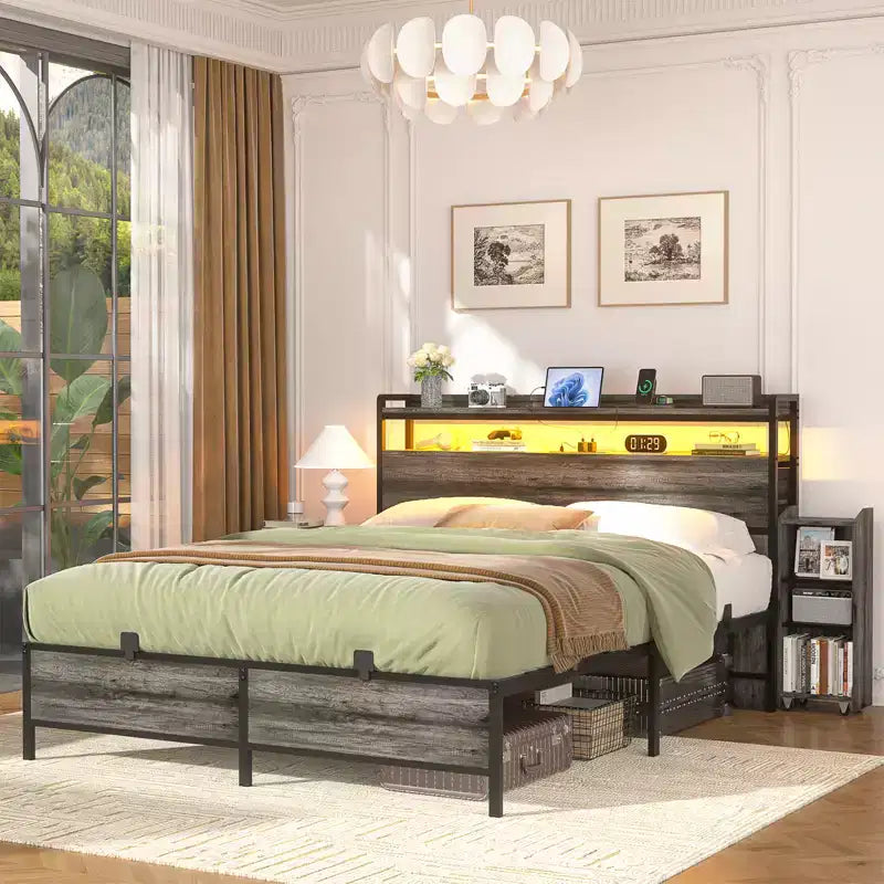 Besiost Full Bookcase Bed with Storage Slide Bedside Shelf and Charging Station & LED Light