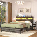 Besiost Full Bookcase Bed with Storage Slide Bedside Shelf and Charging Station & LED Light