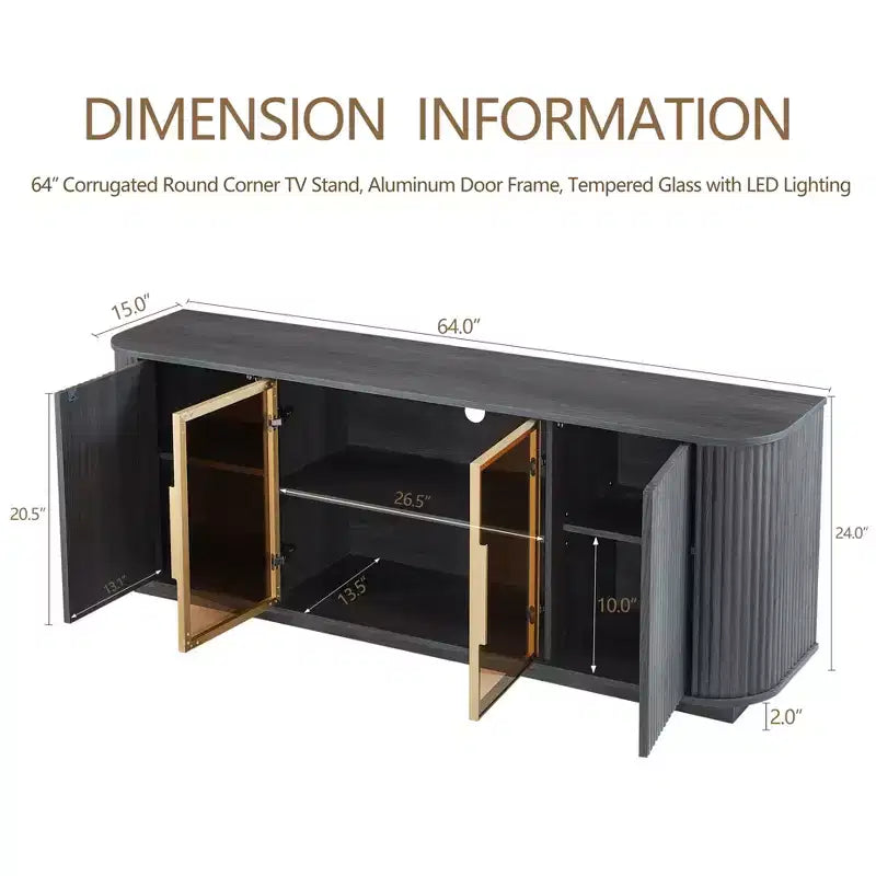 JVNOXK 64-inch Wavy TV Stand with Vertical Stripe Storage Cabinet and Glass Display, Suitable for Living Room/Bedroom, Black