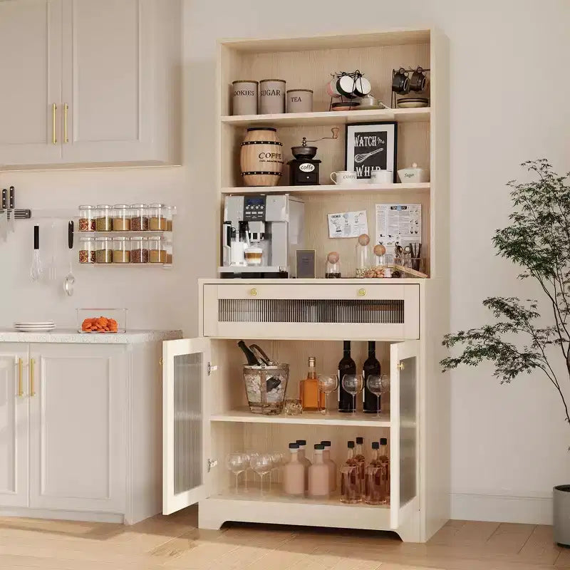 62 Farmhouse Pantry Cabinet with Glass Doors,3-Tier Open Shelf & Drawer, Adjustable Shelves for Kitchen, Dining Room Storage Organizer